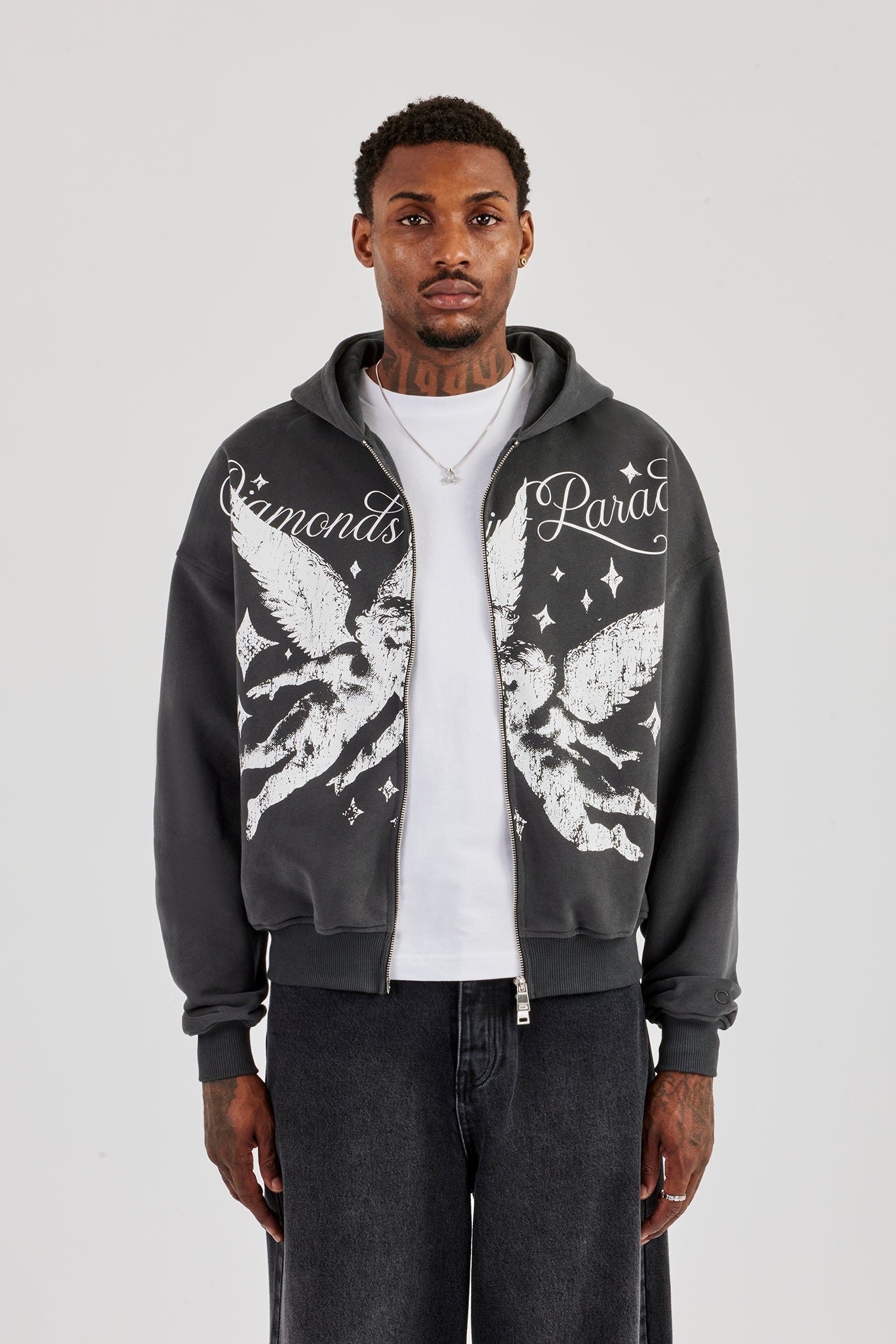 Diamonds In Paradise Printed Boxy Zip Hoodie  Charcoal
