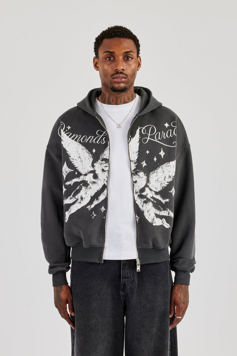 Diamonds In Paradise Printed Boxy Zip Hoodie  Charcoal
