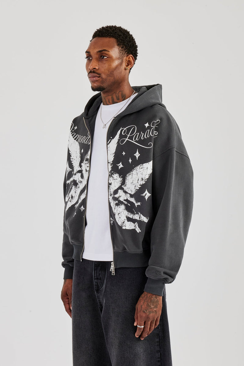Diamonds In Paradise Printed Boxy Zip Hoodie  Charcoal