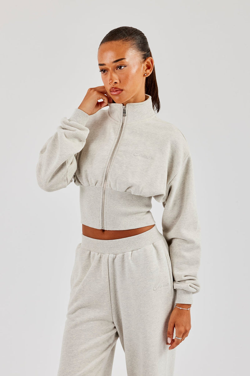 Rib Zip Through Funnel Neck Sweat - Ash Grey