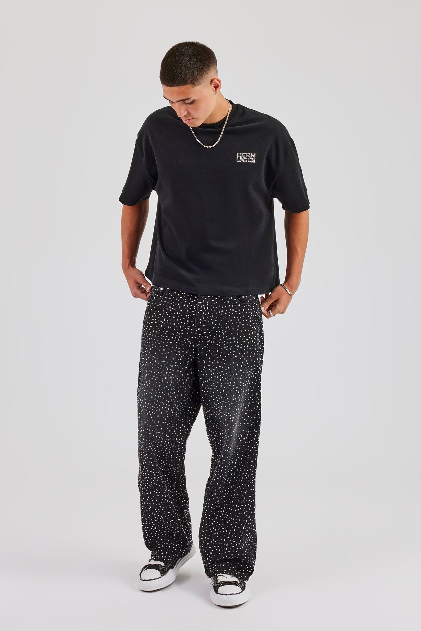 Washed Rhinestone Boxy T-Shirt - Washed Black