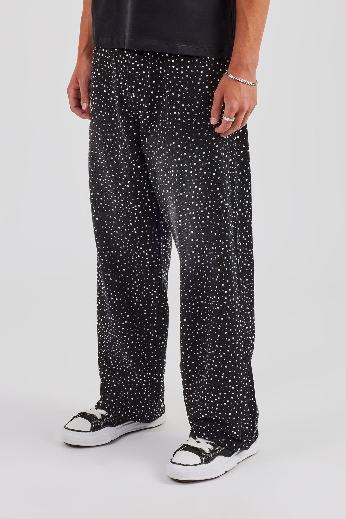 Baggy Fit Rhinestone Jeans - Washed Black