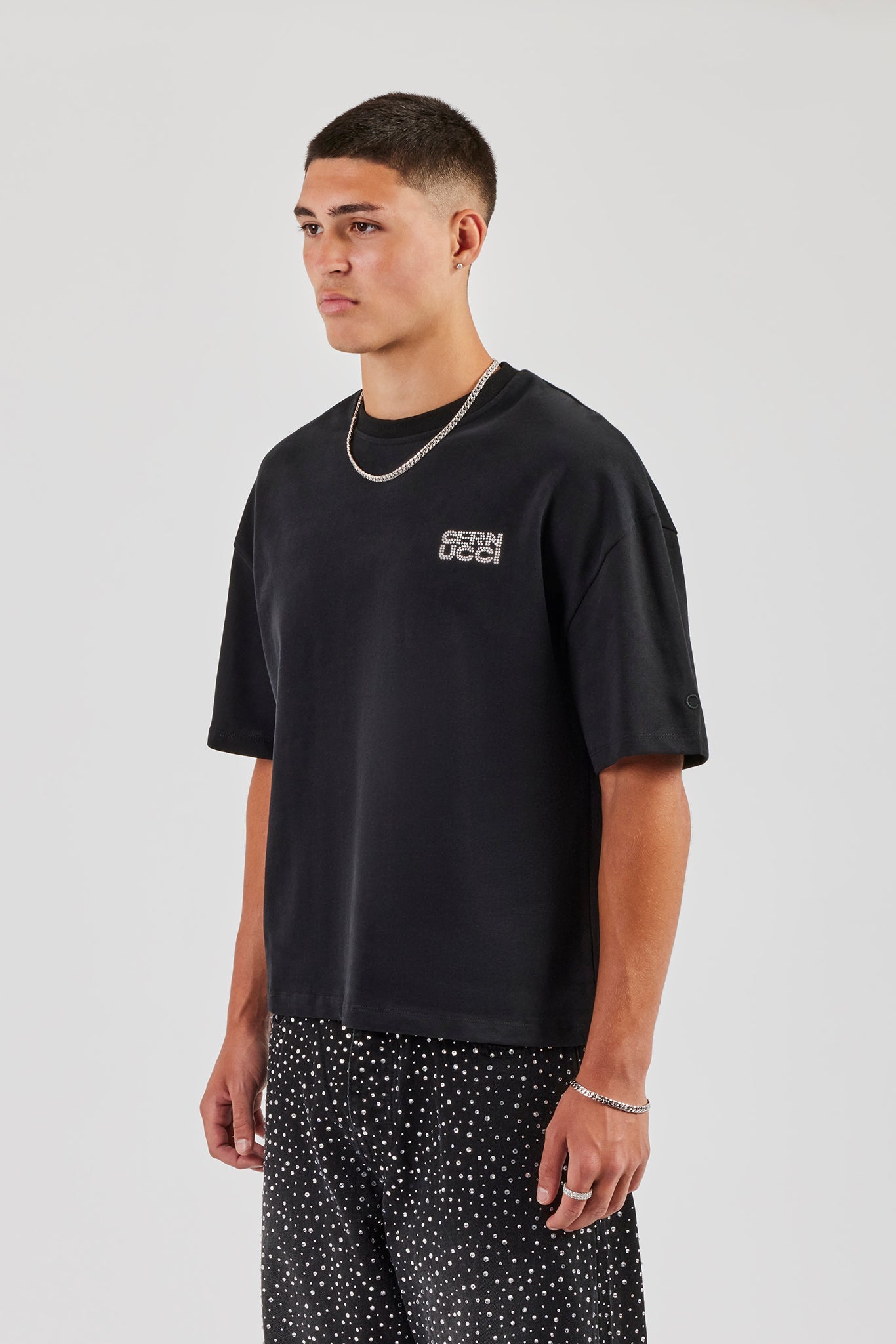 Washed Rhinestone Boxy T-Shirt - Washed Black | Mens Tees & Vests
