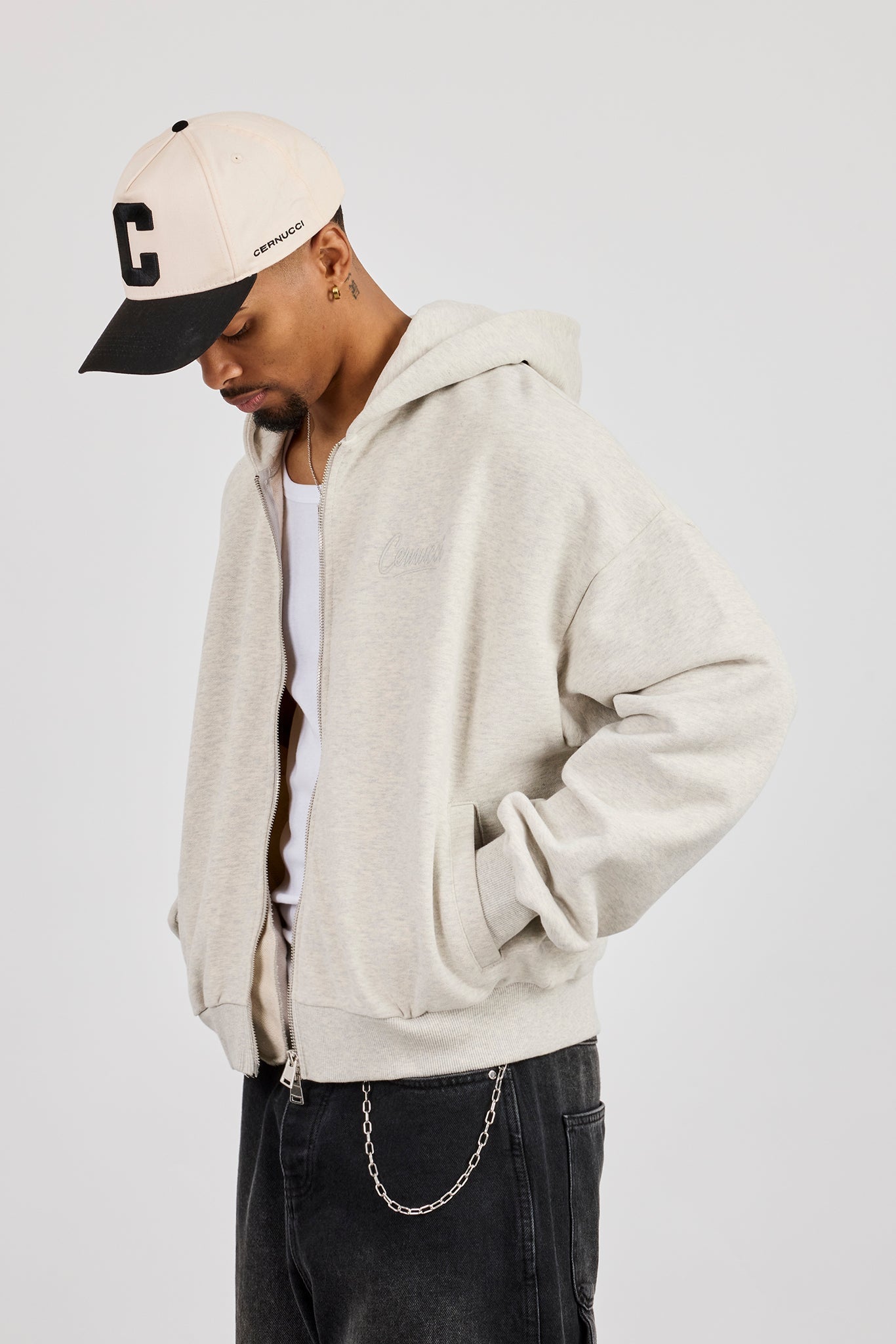 Cernucci Script Boxy Zip Through Hoodie - Ash Grey