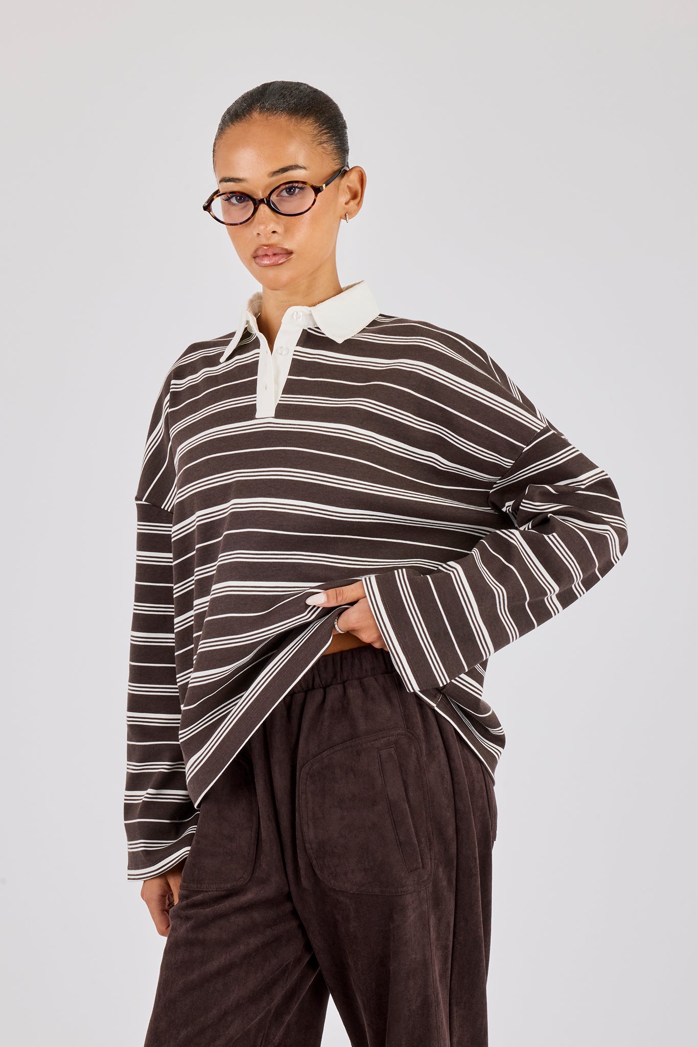 Oversized Stripe Long Sleeve Top Chocolate Womens Tees Vests oversized-stripe-long-sleeve-top-chocolate-womens-tees-vests