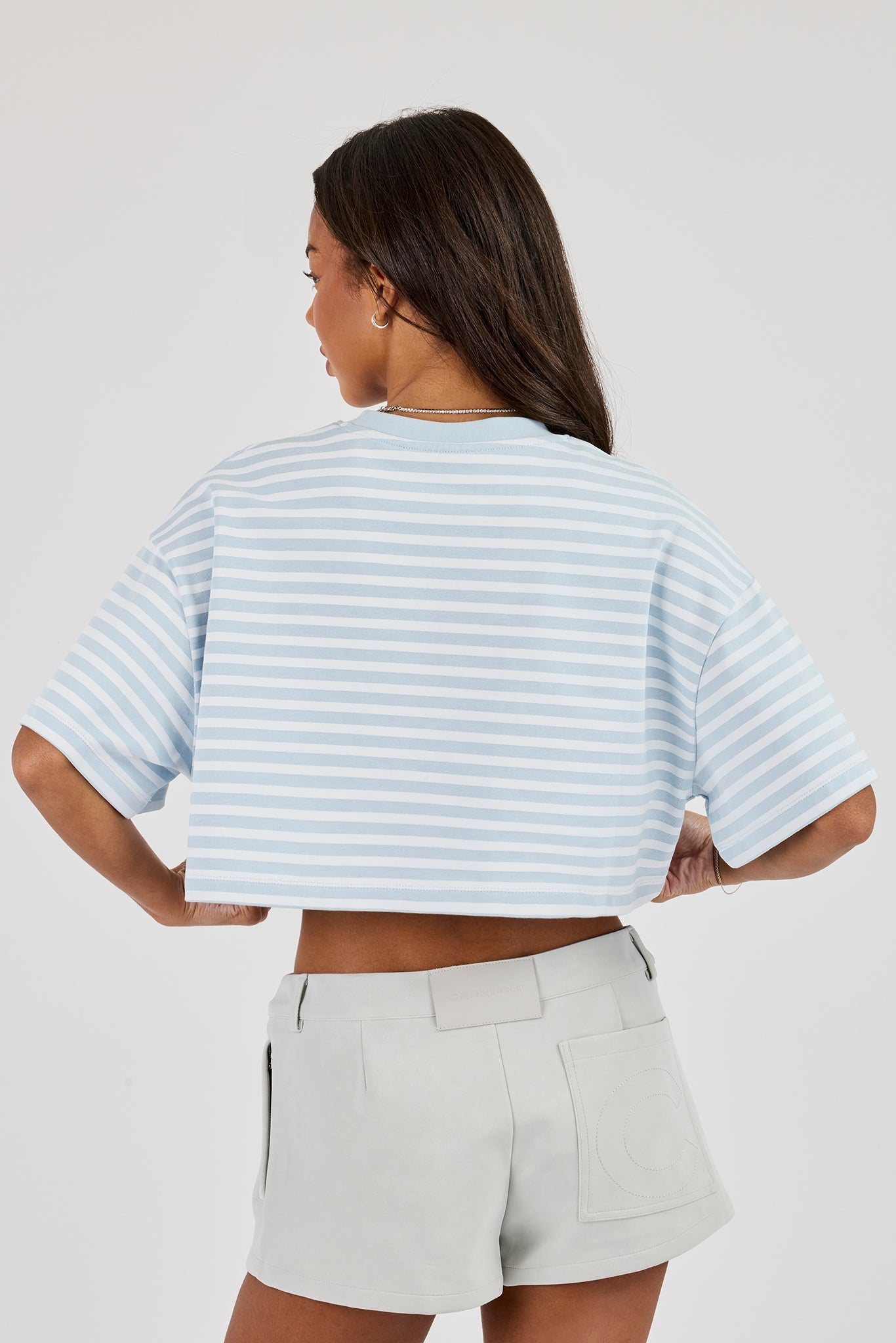 Striped Chain Stitch Cropped T-Shirt - Baby Blue