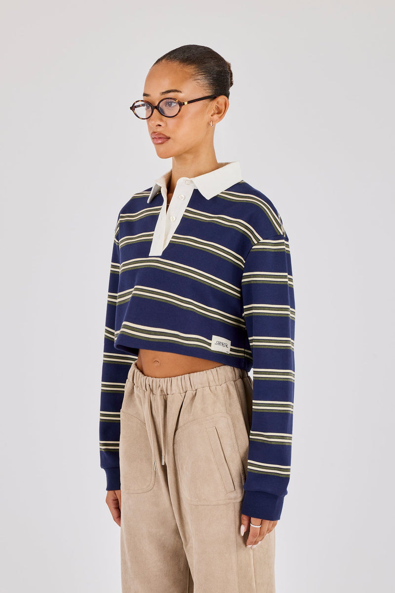 Long Sleeve Stripe Cropped Polo - Navy