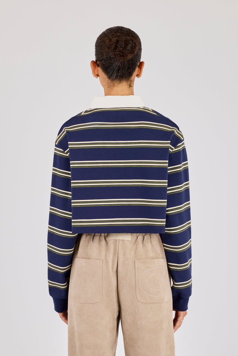 Long Sleeve Stripe Cropped Polo - Navy