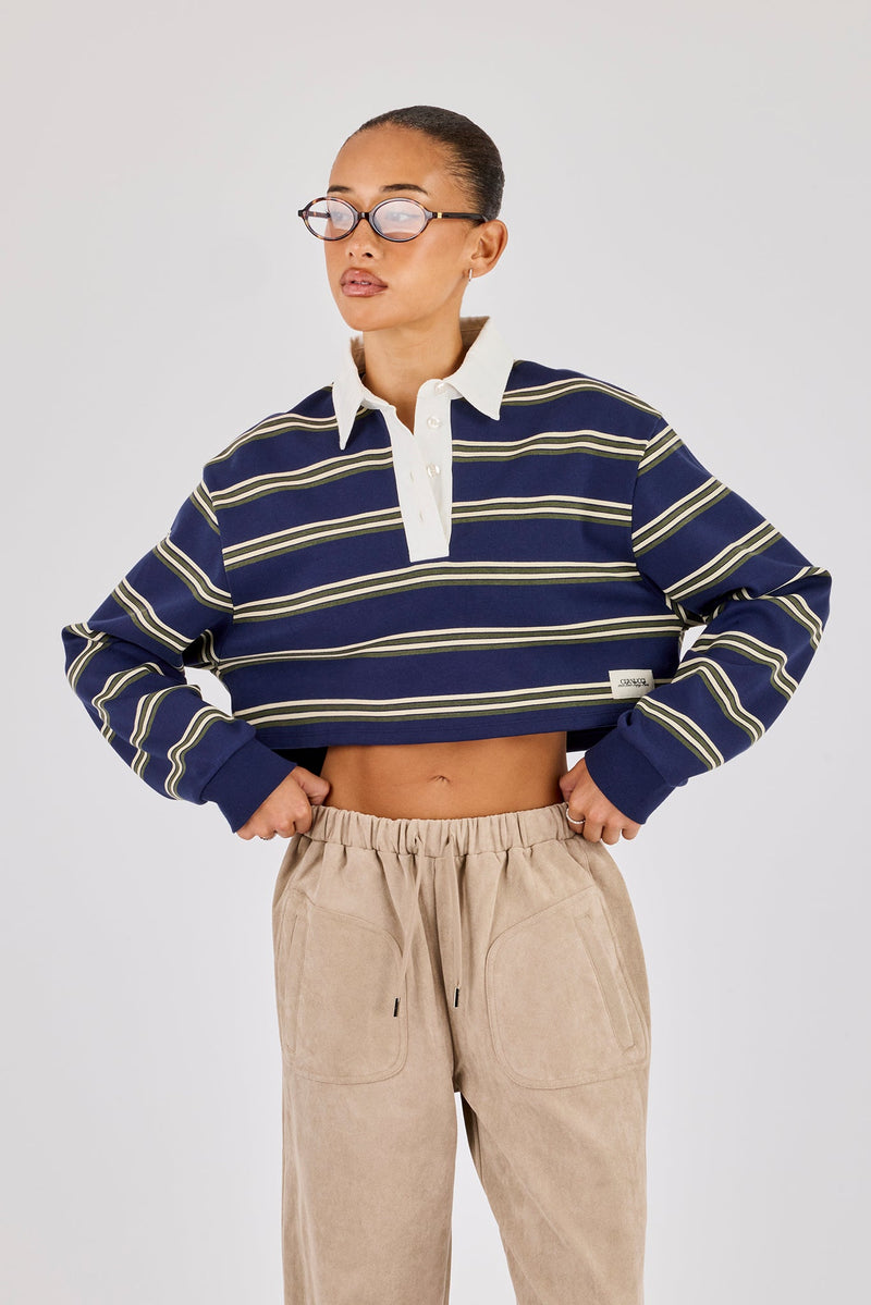 Long Sleeve Stripe Cropped Polo - Navy