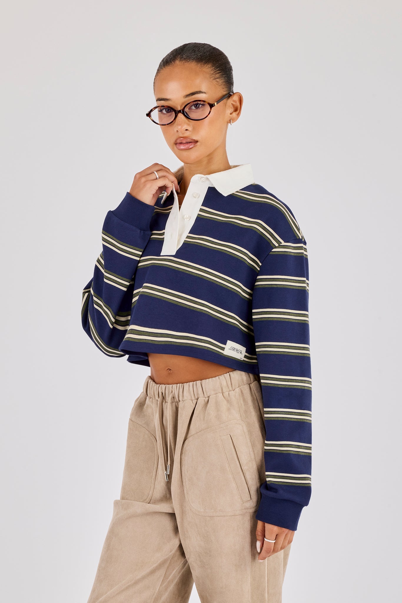 Long Sleeve Stripe Cropped Polo - Navy
