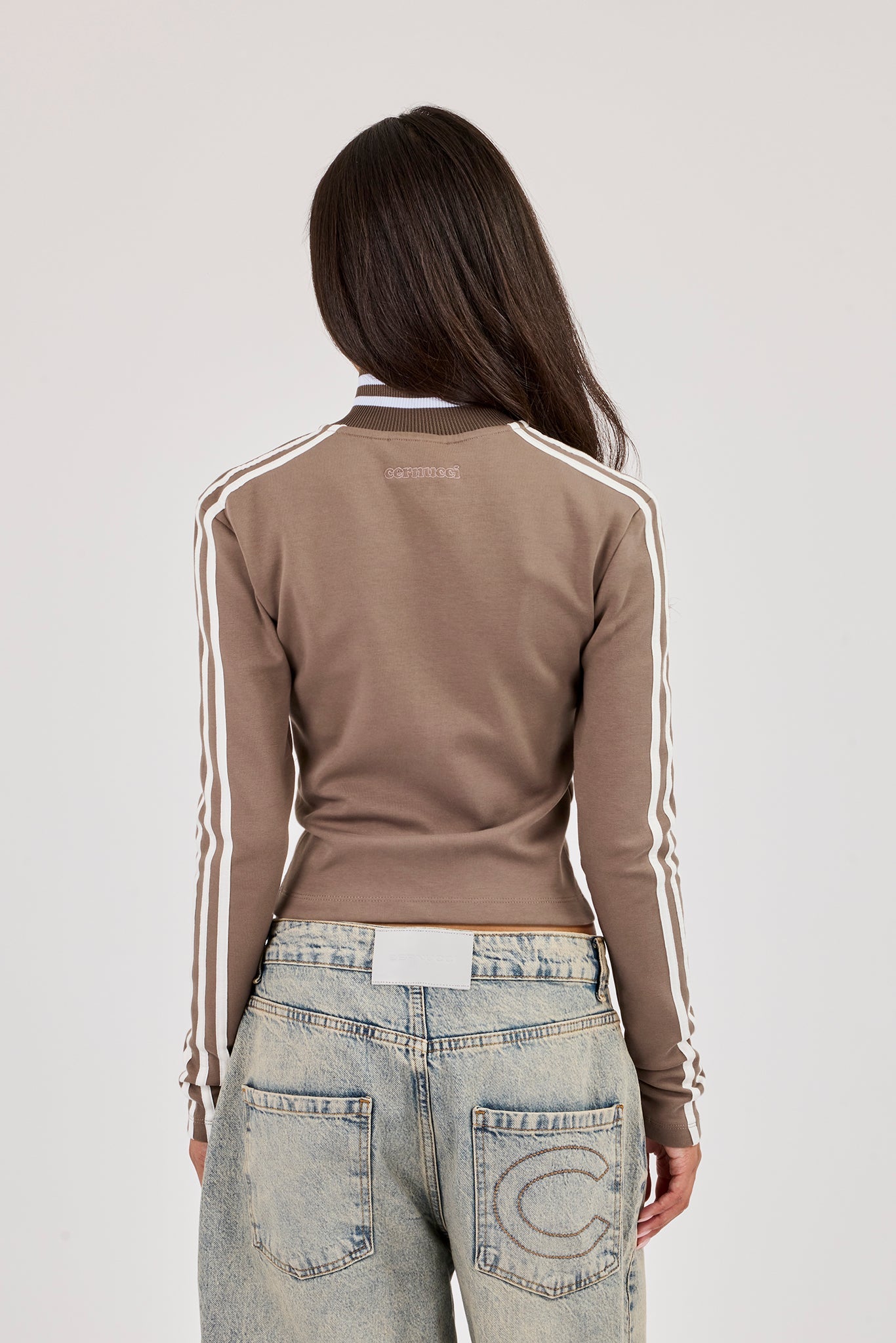 Fitted Sports Stripe Zip Through Funnel Neck - Taupe