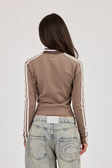 Fitted Sports Stripe Zip Through Funnel Neck - Taupe