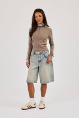 Fitted Sports Stripe Zip Through Funnel Neck - Taupe