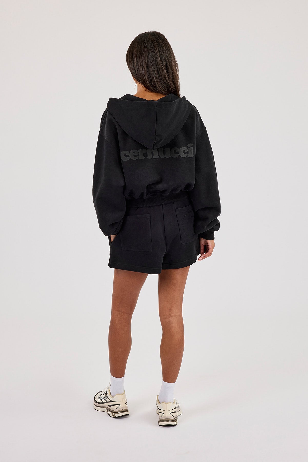 Cernucci Cropped Zip Through Hoodie & Embroidered Short - Black