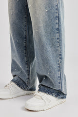 Pearl Detail Baggy Jean- Antique Wash