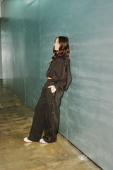 Rhinestone Taping Wide Leg Trouser - Black