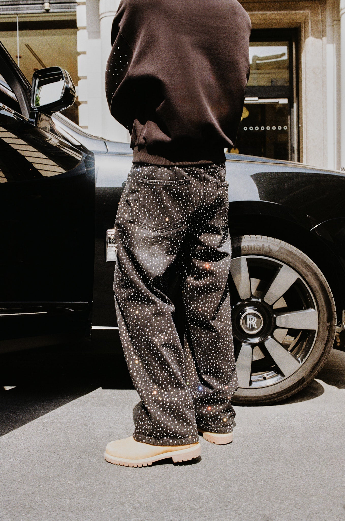 Baggy Fit Rhinestone Jeans - Washed Black