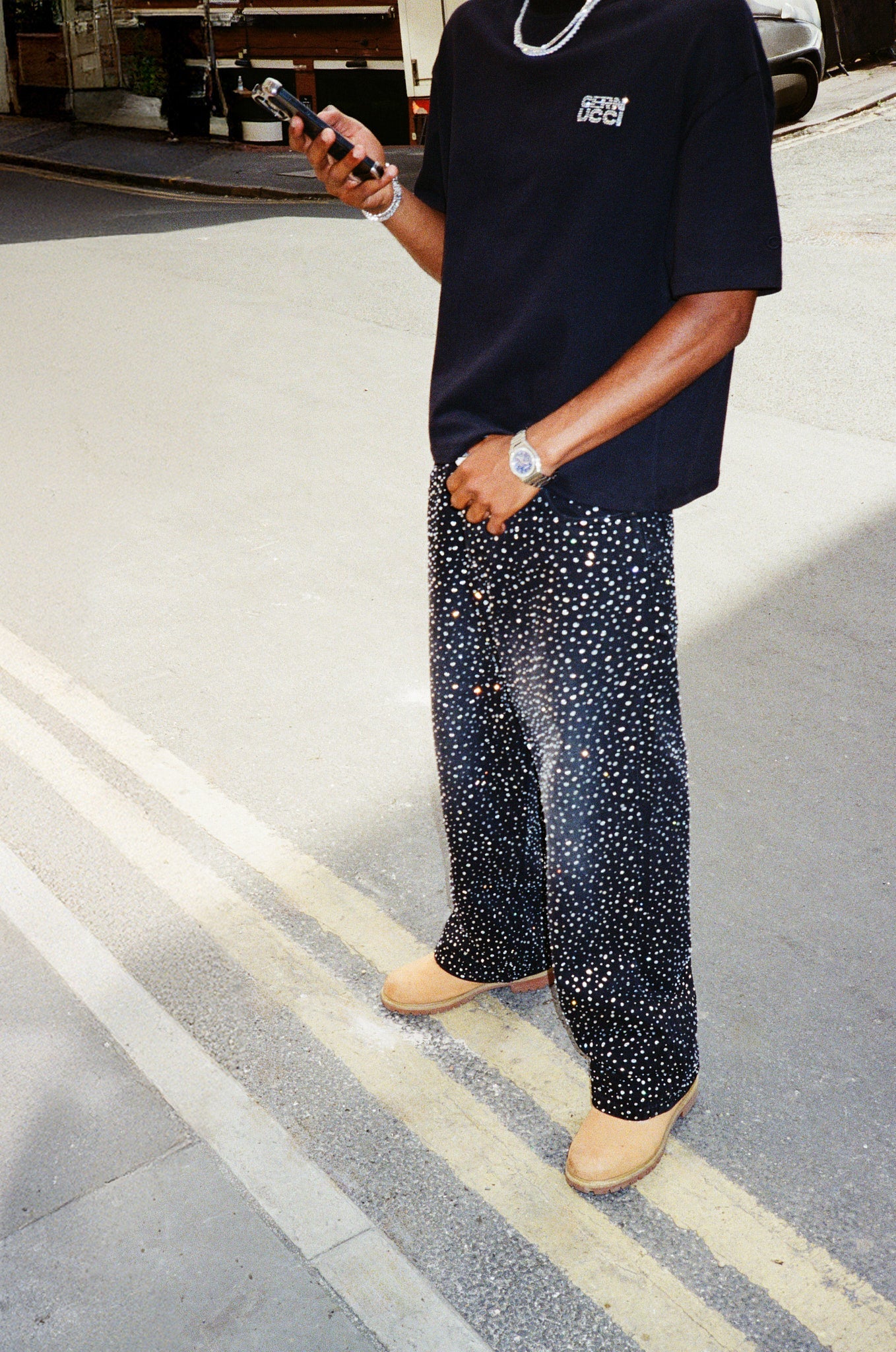 Baggy Fit Rhinestone Jeans - Washed Black