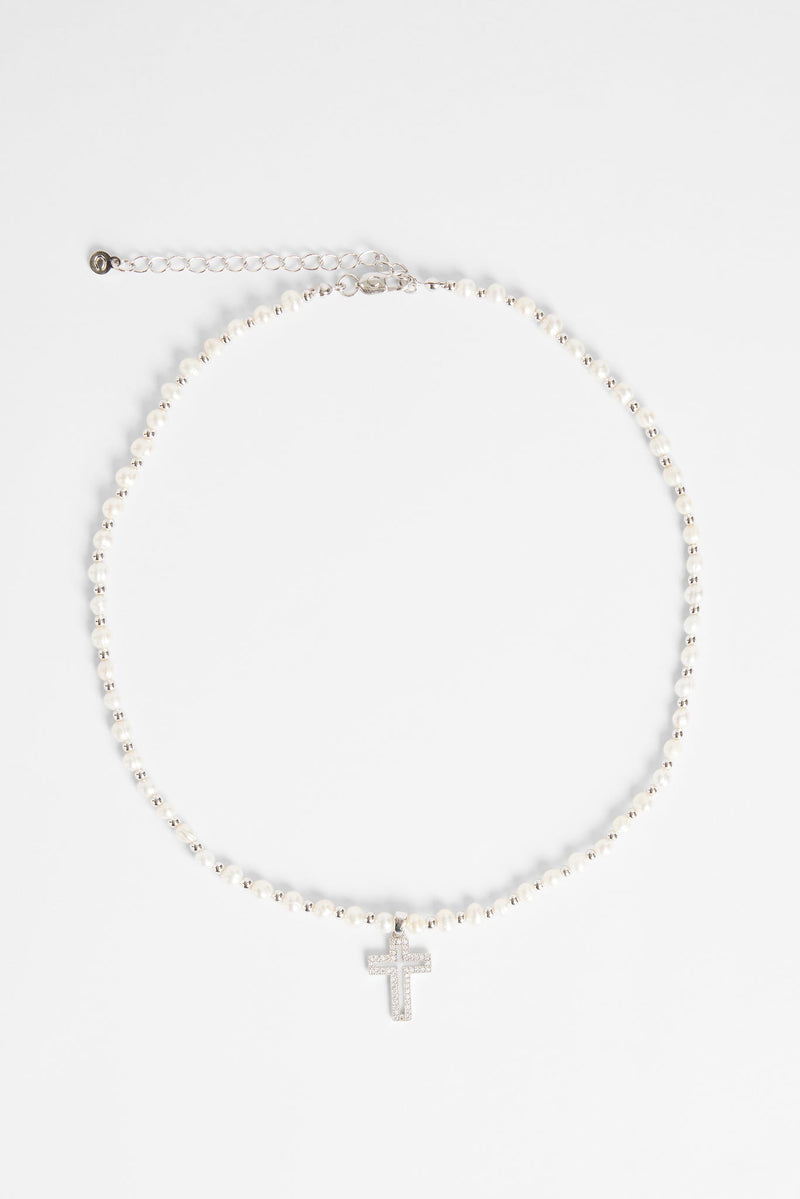 4mm Freshwater Pearl And Bead Necklace With Cross Charm