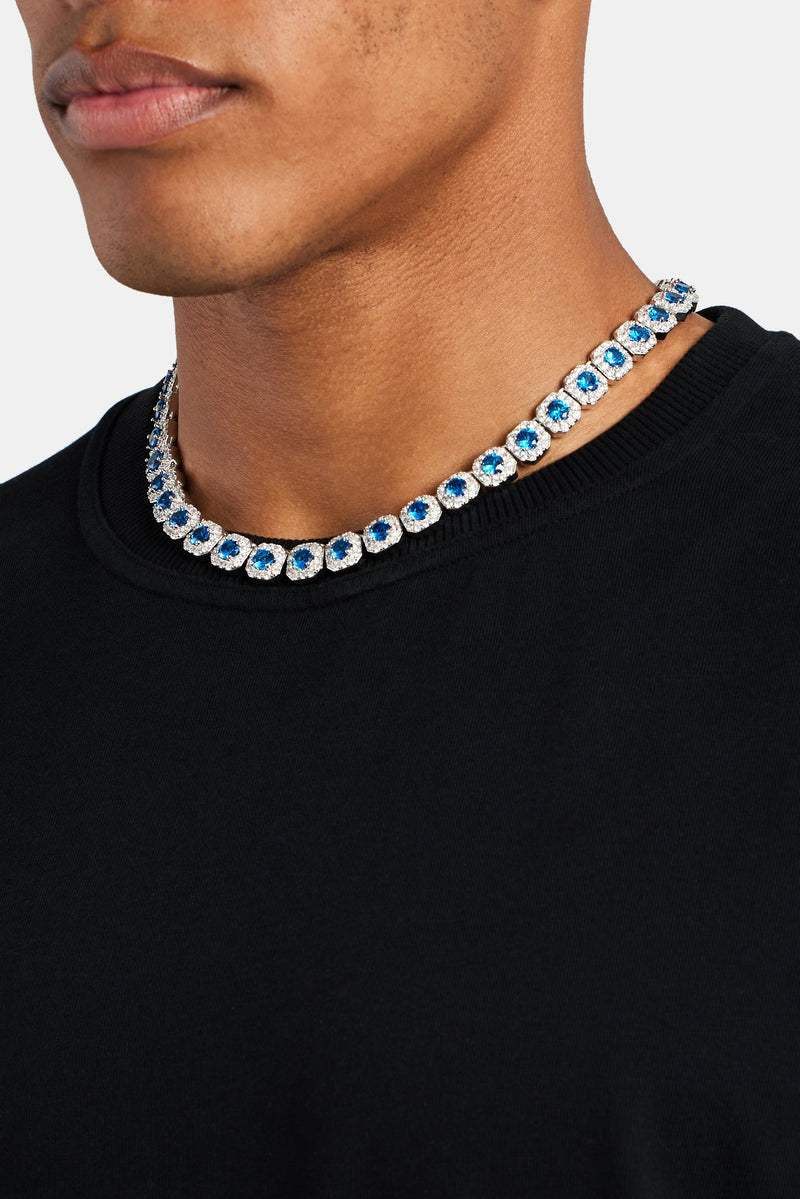 10mm Iced Blue CZ Cluster Chain - White Gold