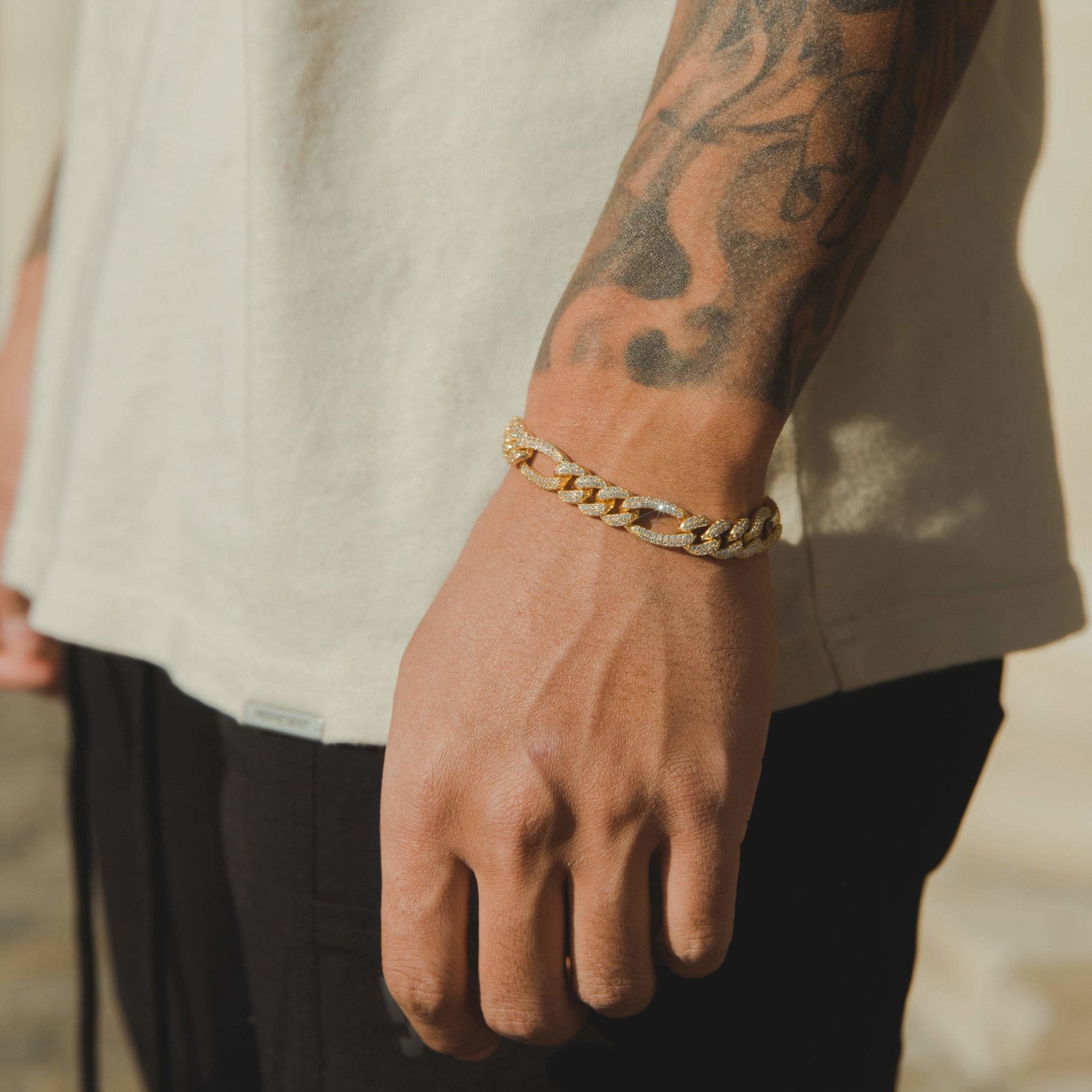10mm Iced Figaro Bracelet - Gold - Cernucci