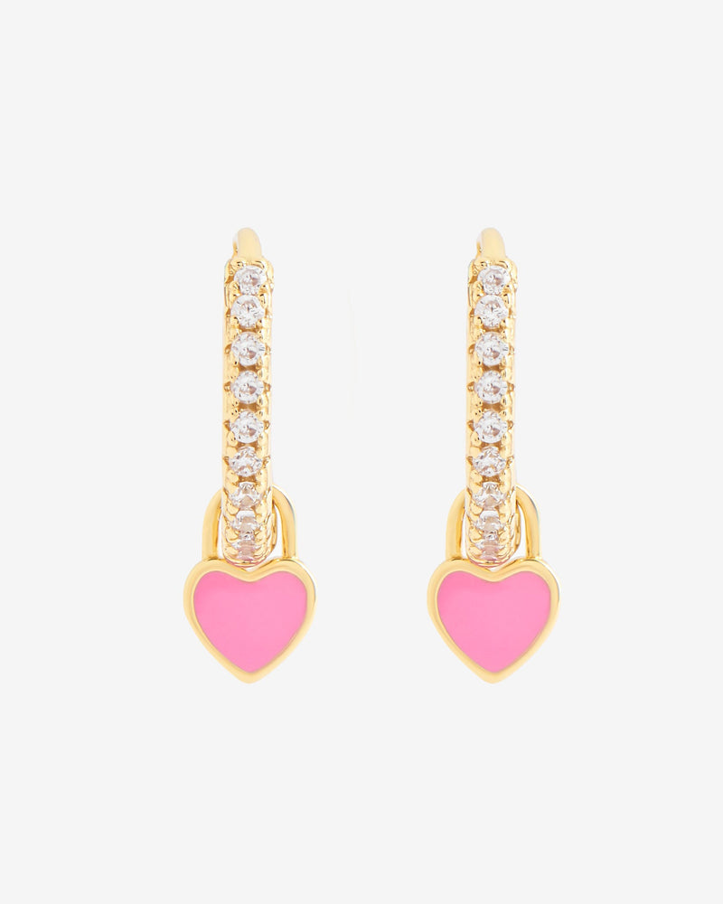 12mm Iced Pink Enamel Drop Heart Huggie Hoop Earrings - Gold