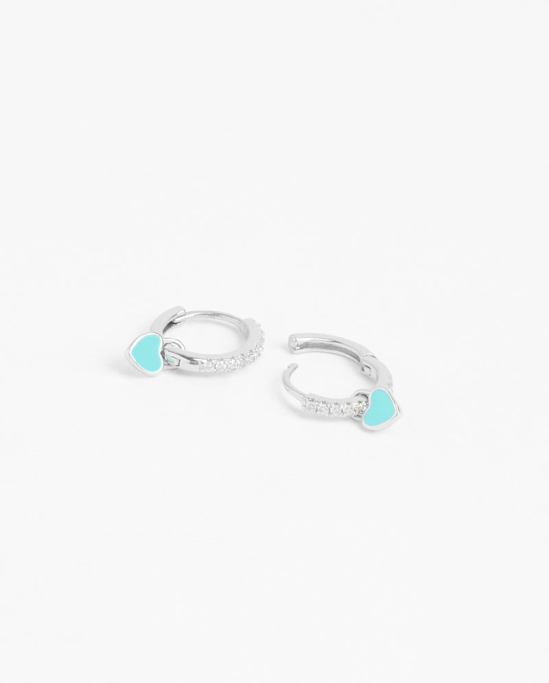 12mm Iced Turquoise Enamel Drop Heart Huggie Hoop Earrings - White Gold
