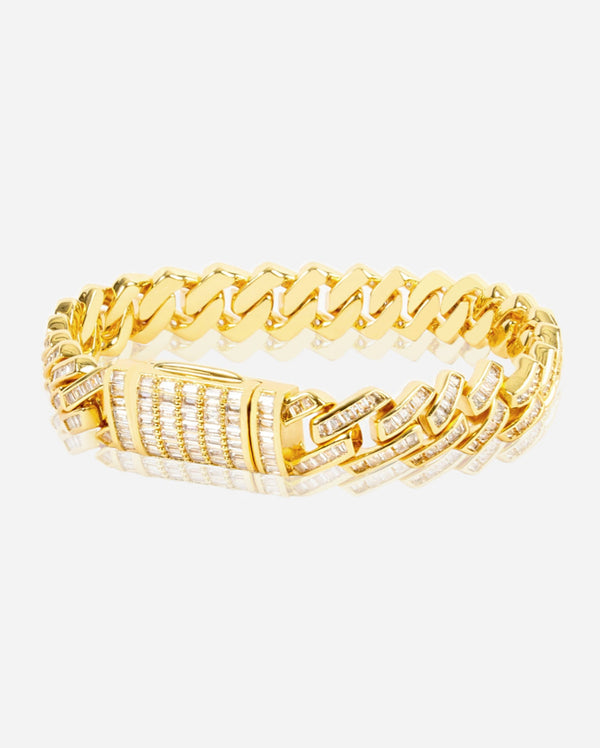 12mm Baguette Prong Cuban Bracelet - Gold