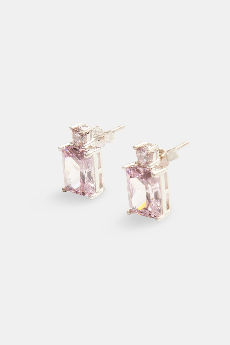 14mm Sterling Silver Pink CZ Square Stud Earrings