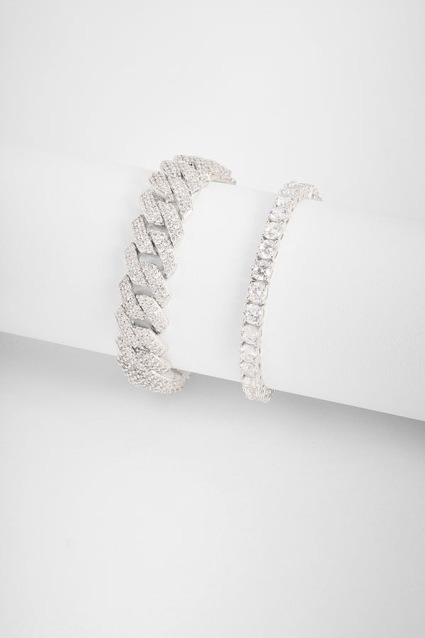 Prong Link + Tennis Bracelet Bundle - White Gold