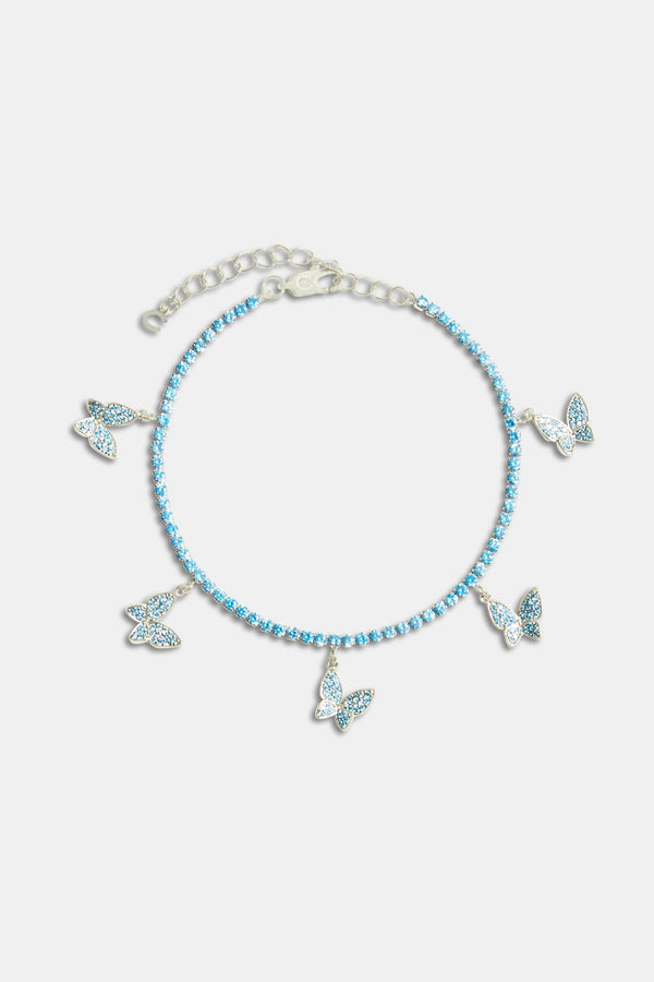 2.5mm Iced Blue CZ Butterfly Tennis Anklet