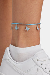 2.5mm Iced Blue CZ Butterfly Tennis Anklet - White Gold