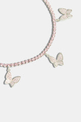 2.5mm Iced Pink CZ Butterfly Tennis Anklet - White Gold