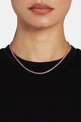 White Gold Plated 2mm Pink Iced CZ Micro Tennis Chain