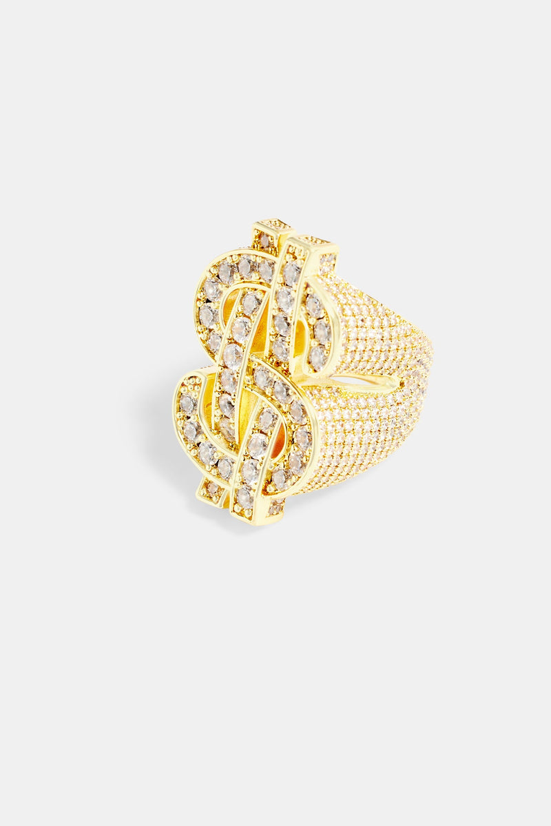 Gold Plated 33mm Iced CZ Dollar Sign Ring