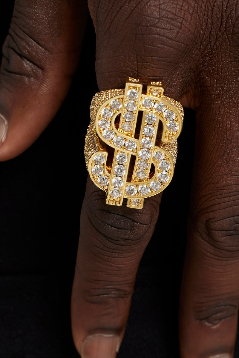 Gold Plated 33mm Iced CZ Dollar Sign Ring