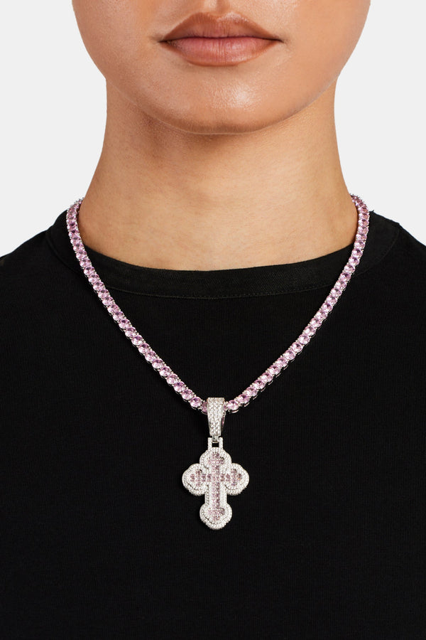 35mm Iced Pink CZ Rounded Cross Pendant