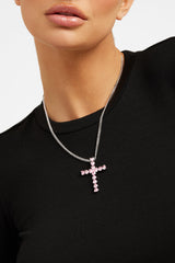 3mm Cuban Chain & Pink Iced Cross Necklace