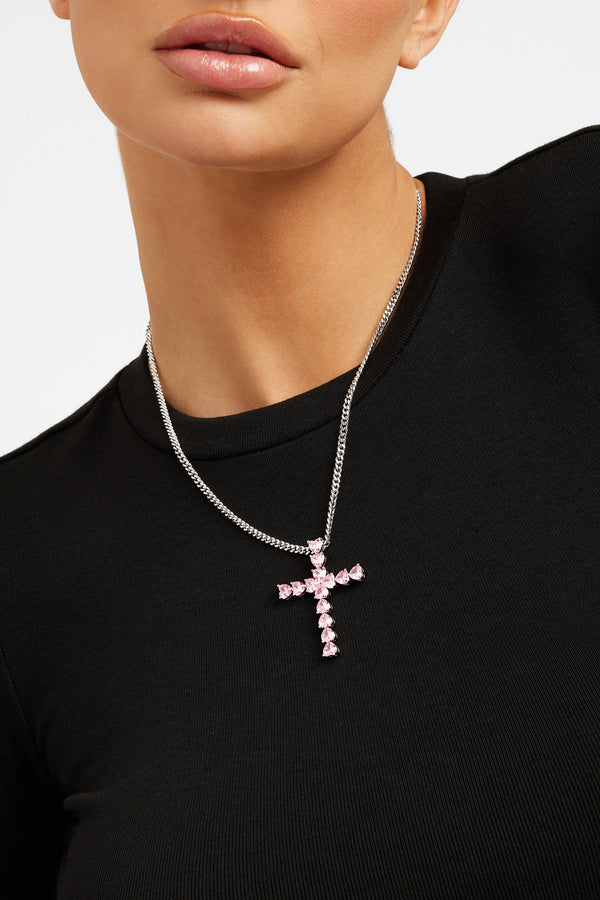 3mm Cuban Chain & Pink Iced Cross Necklace