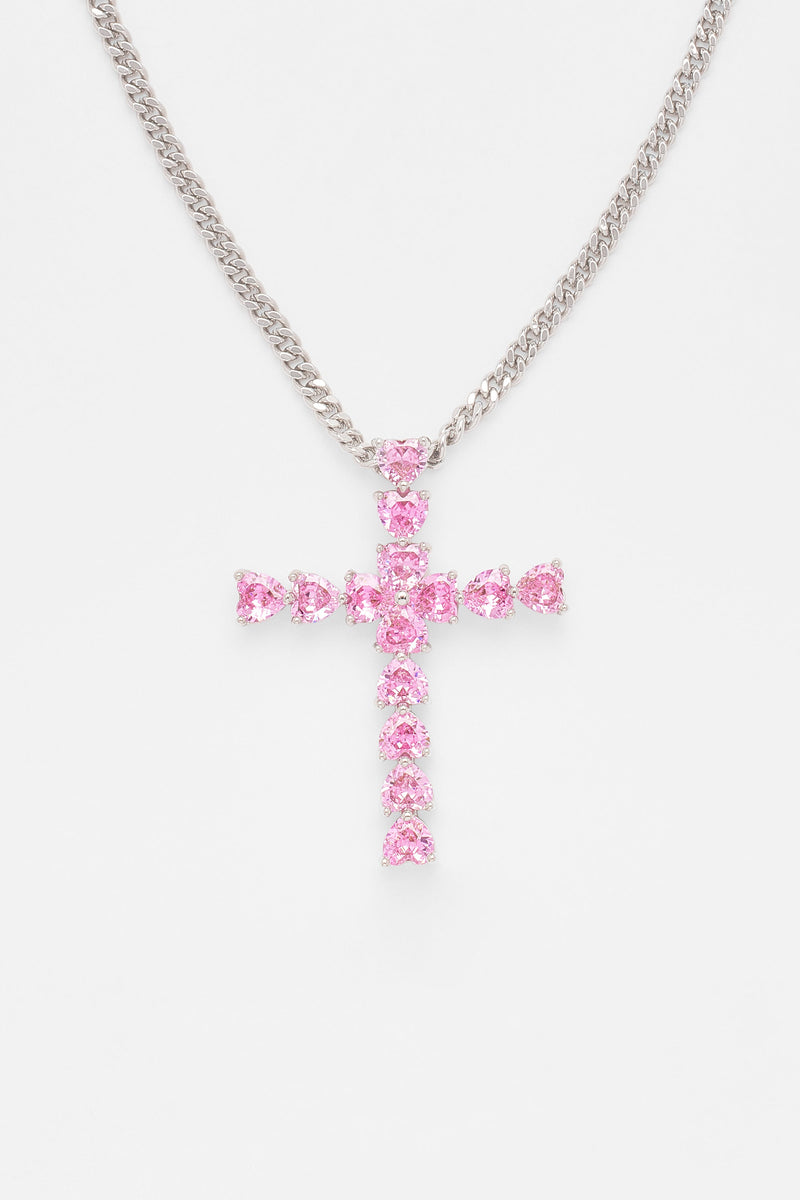 3mm Cuban Chain & Pink Iced Cross Necklace