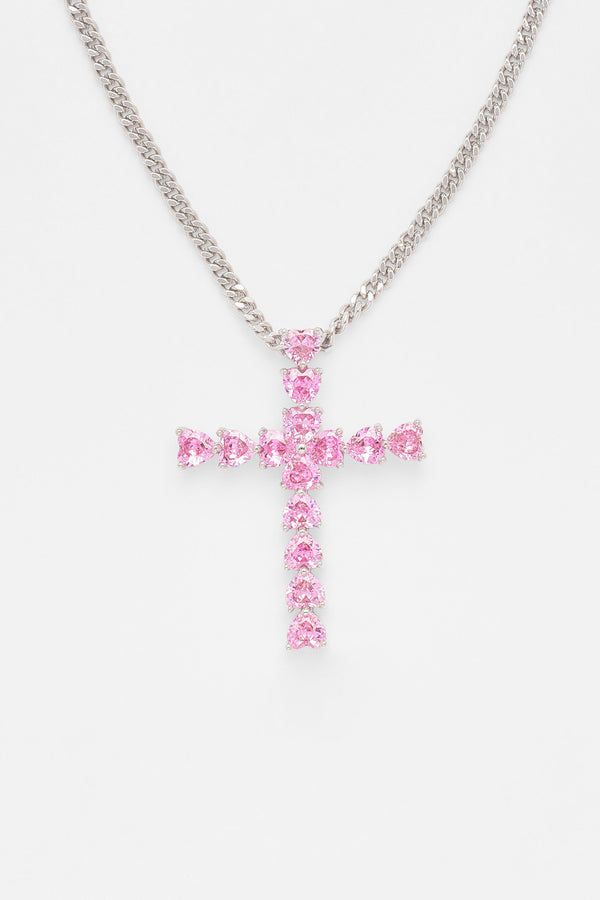 3mm Cuban Chain & Pink Iced Cross Necklace