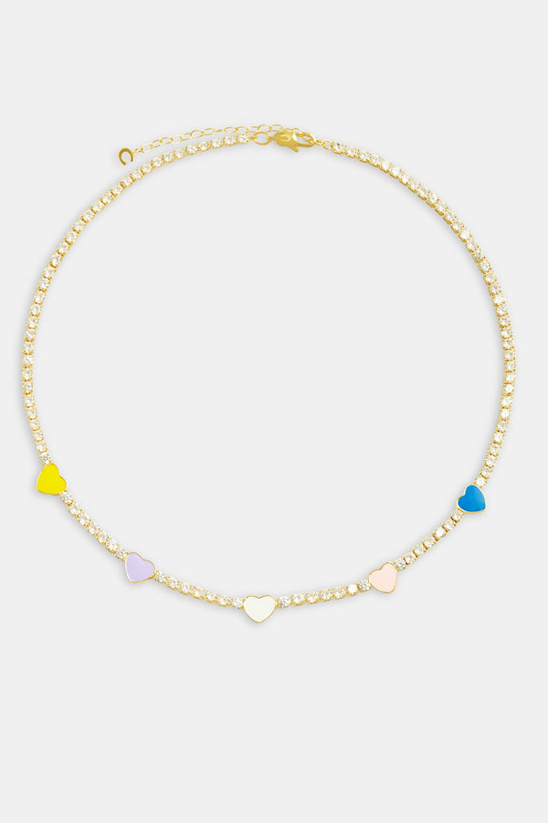 3mm Gold Plated Iced CZ Pastel Enamel Heart Tennis Chain