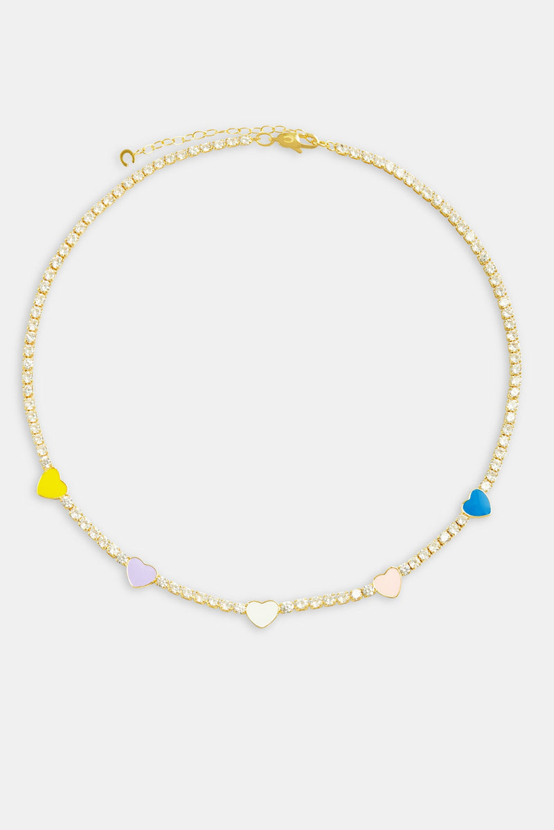 3mm Gold Plated Iced CZ Pastel Enamel Heart Tennis Chain