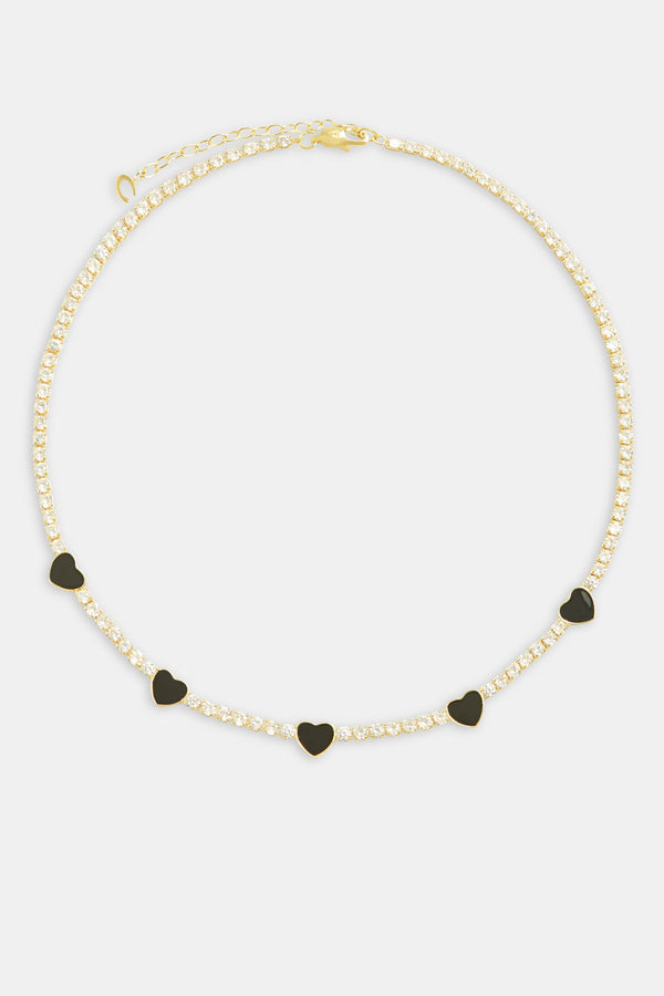 3mm Gold Plated Iced CZ Black Enamel Heart Tennis Chain