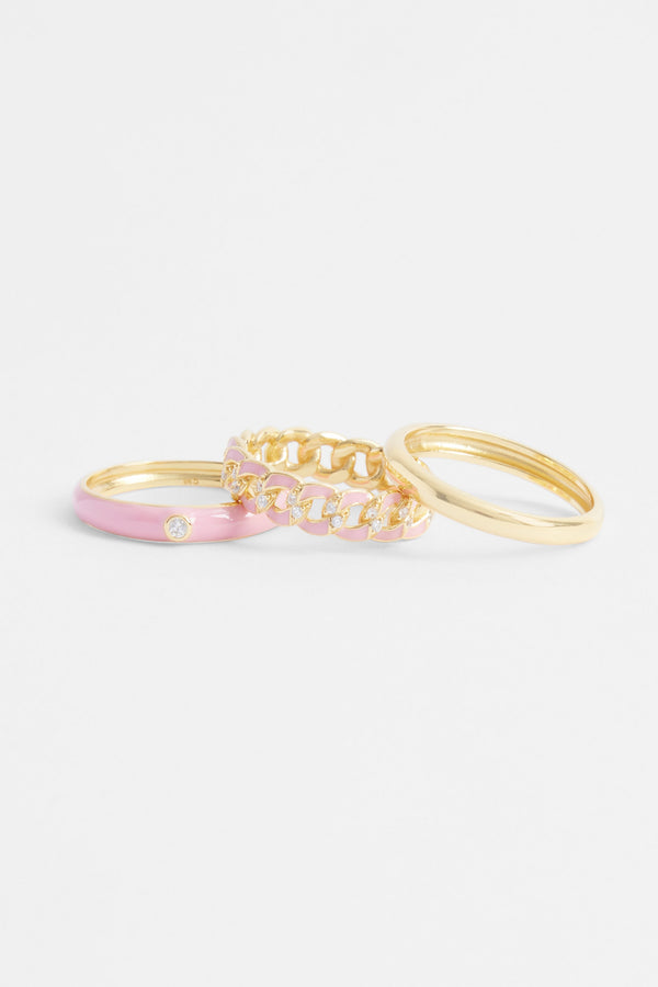 3 Pack Mixed Pink Enamel Rings - Gold