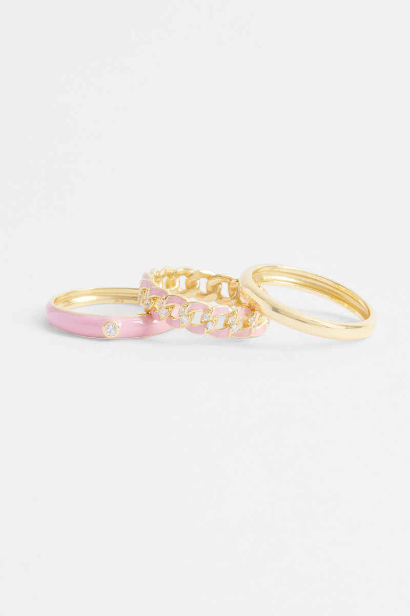 3 Pack Mixed Pink Enamel Rings - Gold