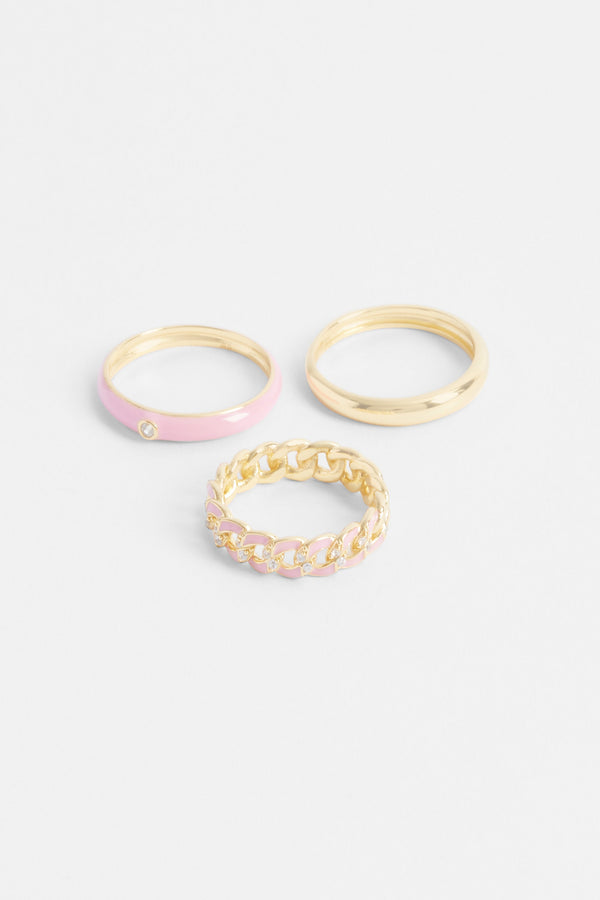 3 Pack Mixed Pink Enamel Rings - Gold