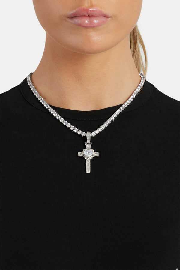 40mm Baguette CZ Heart Cross Pendant