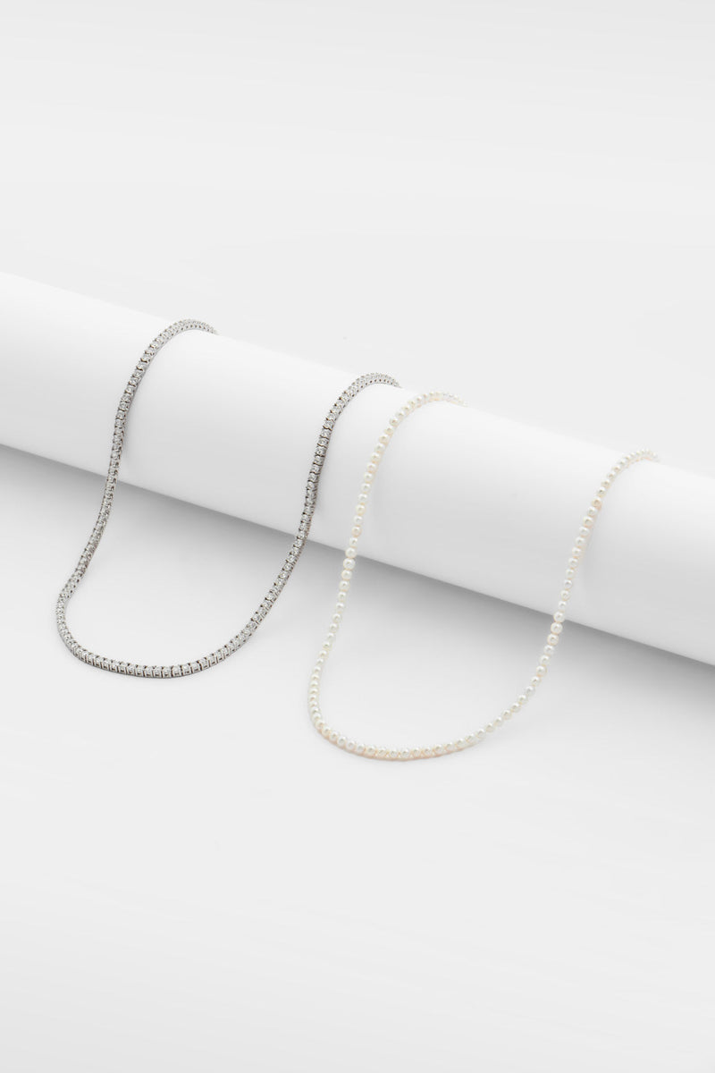 4mm Pearl Chain & 3mm Tennis Chain - White Gold