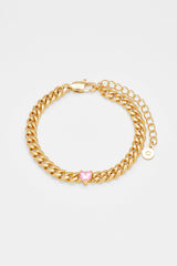 5mm Cuban Bracelet With Heart Stone - Gold